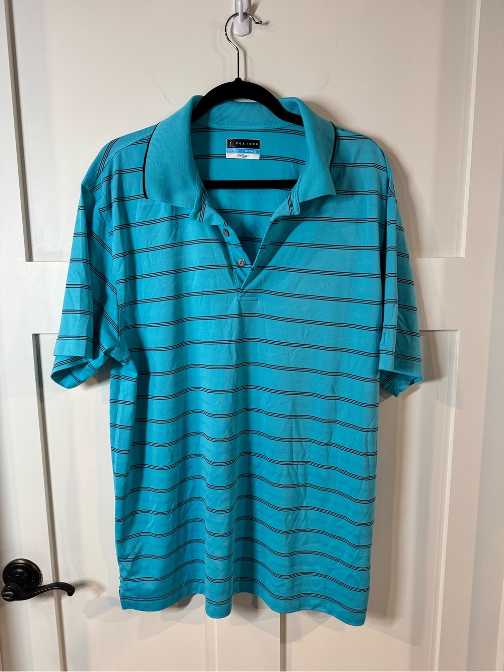 PGA Tour Turquoise Polo with Thin Navy Stripes